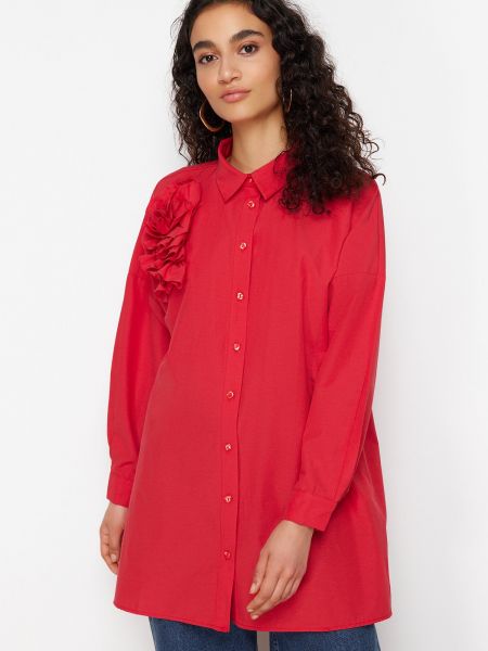 Kvetinová bavlnená košeľa s aplikáciou Trendyol červená