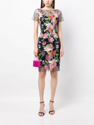 Květinové mini šaty Marchesa Notte černé