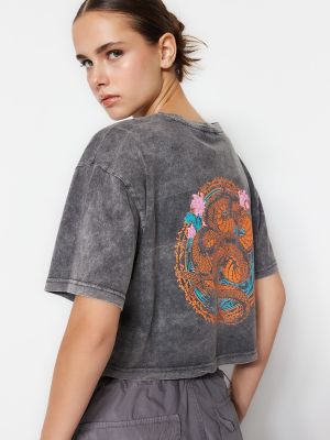 Raštuotas megztas medvilninis marškinėliai Trendyol pilka
