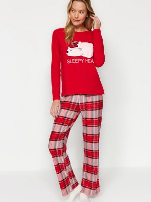 Dzianinowa piżama z nadrukiem Trendyol czerwona