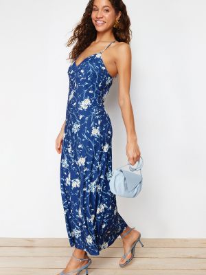 Pletena maksi haljina s cvjetnim printom Trendyol plava