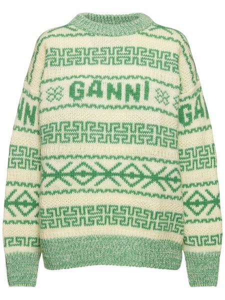 Вълнен пуловер бродиран Ganni бяло