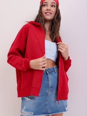 Bluza z kapturem z kieszeniami Trend Alaçatı Stili czerwona