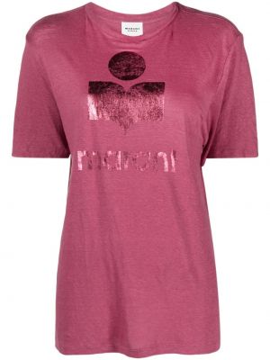 Lněné tričko s potiskem Marant Etoile růžové