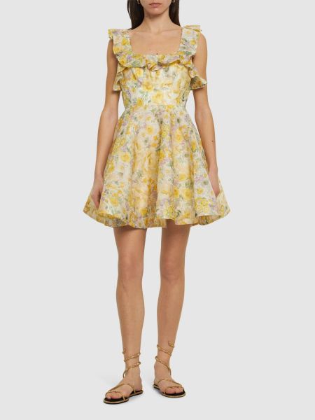 Jedwabna lniana sukienka mini z falbankami Zimmermann żółta