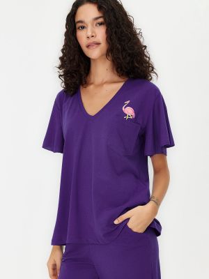 Dzianinowa piżama bawełniana z nadrukiem Trendyol fioletowa