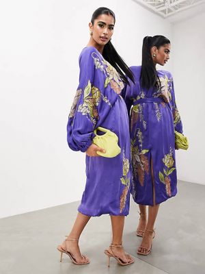 Атласный платье миди с вышивкой Asos фиолетовый