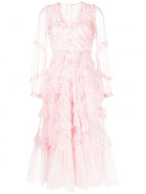 Midi haljina s volanima Needle & Thread ružičasta