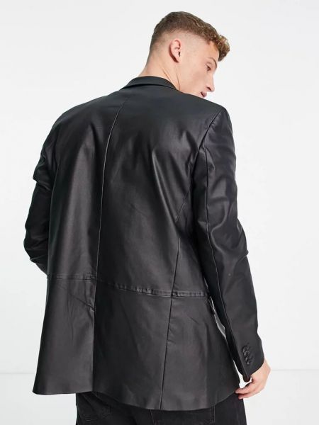 Кожаный пиджак на пуговицах слим Topman черный