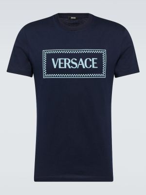 T-shirt ricamato di cotone in jersey Versace blu