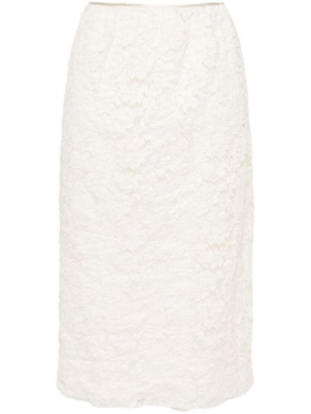 Midi suknja s cvjetnim printom s čipkom Prada bijela