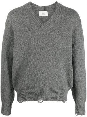 Вълнен пуловер с протрити краища Ami Paris сиво