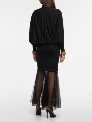 Вълнена миди рокля от джърси от тюл Saint Laurent черно