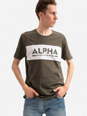 Памучна тениска с дълъг ръкав с принт Alpha Industries зелено