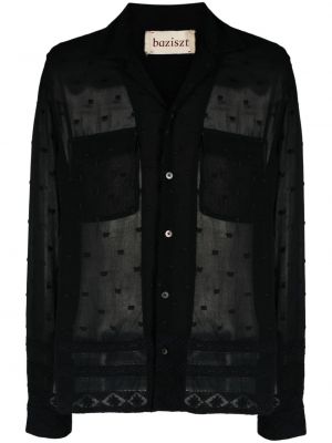 Πουά βαμβακερό πουκάμισο με διαφανεια Baziszt μαύρο