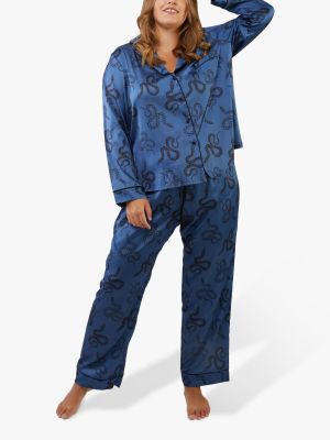Атласная пижама с принтом со змеиным принтом Wolf And Whistle синяя