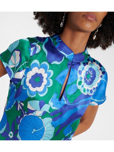 Svilena obleka s cvetličnim vzorcem Rixo modra