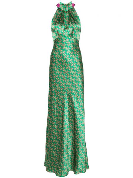 Svilena večerna obleka s cvetličnim vzorcem Saloni zelena