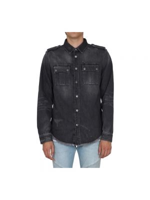 Koszula jeansowa z frędzli bawełniana Balmain czarna