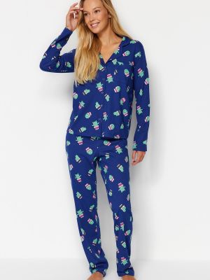 Пижама с принт с животински шарки Trendyol синьо