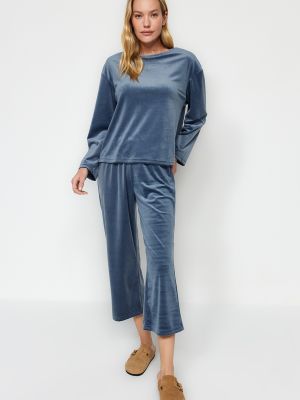 Pijamale de catifea tricotate Trendyol albastru