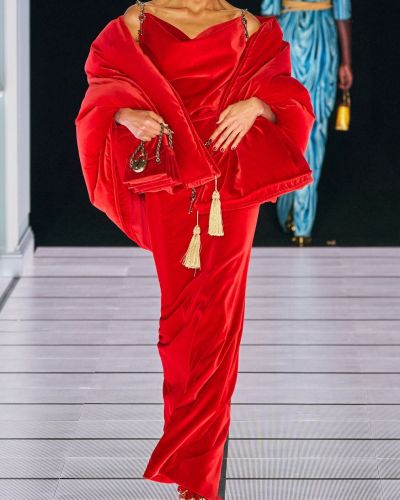 Памучна кадифена рокля с драперии Moschino червено