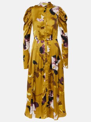 Satynowa sukienka midi w kwiatki Erdem złota