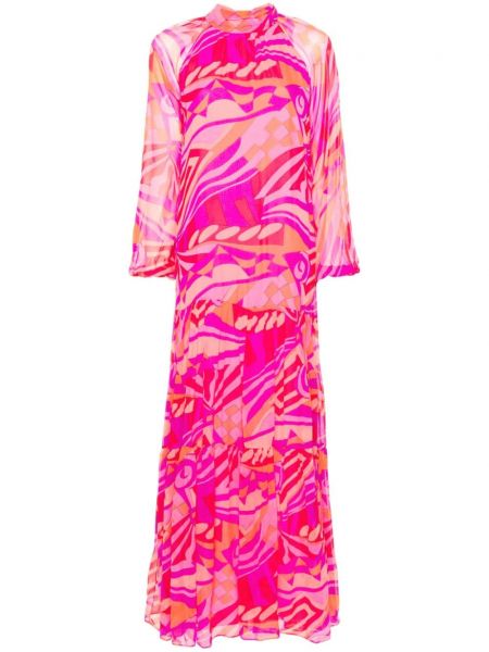 Svilena dolga obleka s potiskom z abstraktnimi vzorci Nissa roza