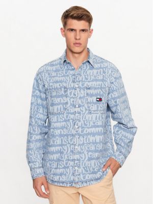 Oversized rifľová košeľa Tommy Jeans modrá
