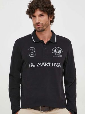 Bavlněné tričko s dlouhým rukávem s dlouhými rukávy s aplikacemi La Martina černé
