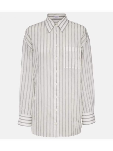 Camisa de seda de algodón a rayas Brunello Cucinelli blanco