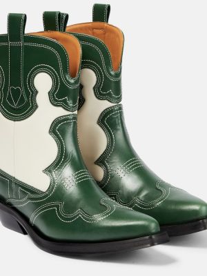 Kožené členkové topánky s výšivkou Ganni zelená