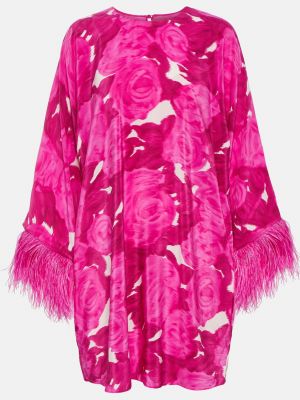 Шелковое платье мини с перьями в цветочек Valentino розовое