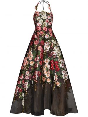 Virágos selyem hímzett koktélruha Oscar De La Renta fekete