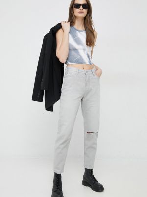 Luźne jeansy z wysoką talią z przetarciami bawełniane Calvin Klein Jeans - szary