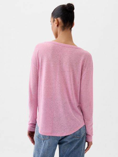 Lněné tričko s dlouhým rukávem Gap růžové