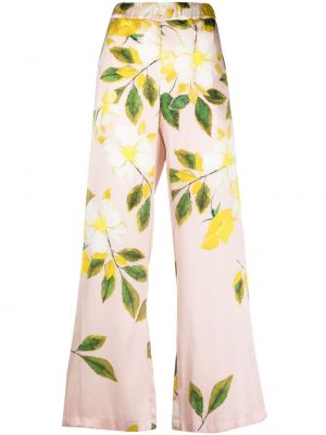 Květinové hedvábné rovné kalhoty s potiskem 813 růžové