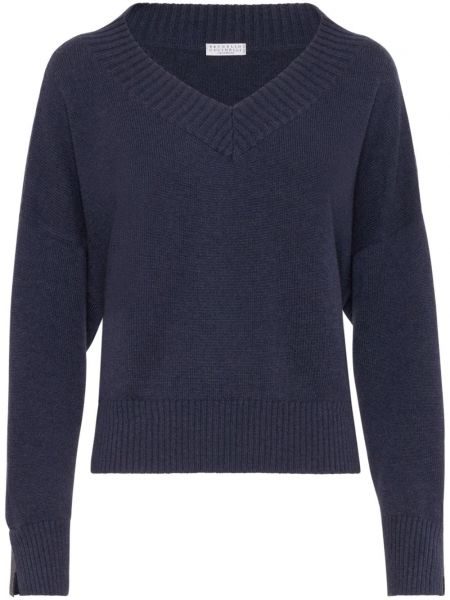 Кашмирен пуловер с v-образно деколте Brunello Cucinelli синьо