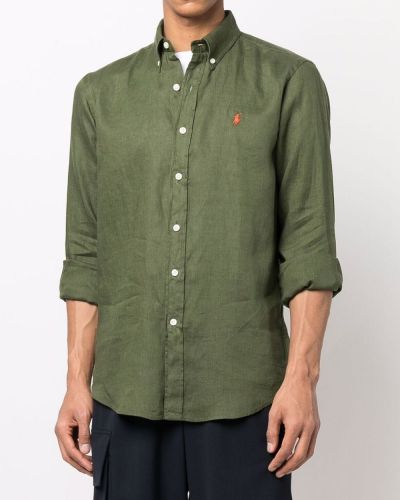 Lniana haftowana koszula Polo Ralph Lauren zielona