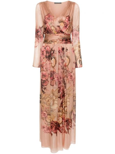 Svilena večernja haljina s cvjetnim printom s printom Alberta Ferretti