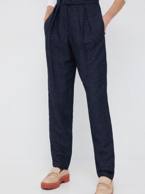 Emporio Armani pantaloni din lana femei, culoarea albastru marin, fason chinos, high waist