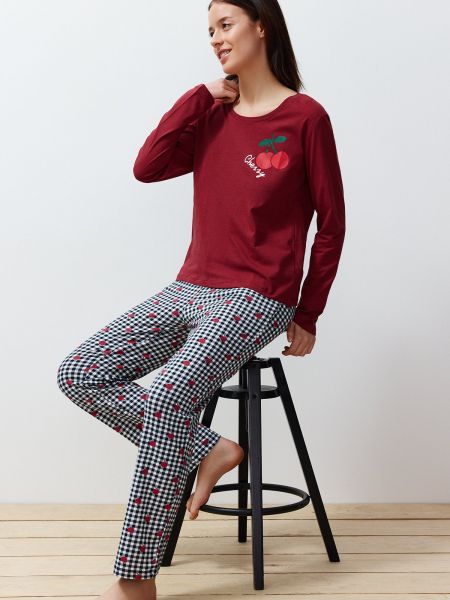 Pijamale din bumbac în carouri tricotate Trendyol roșu