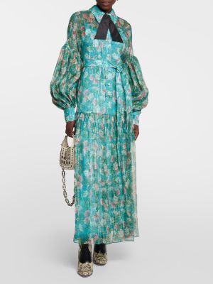 Rochie lunga de mătase cu model floral plisată Gucci albastru