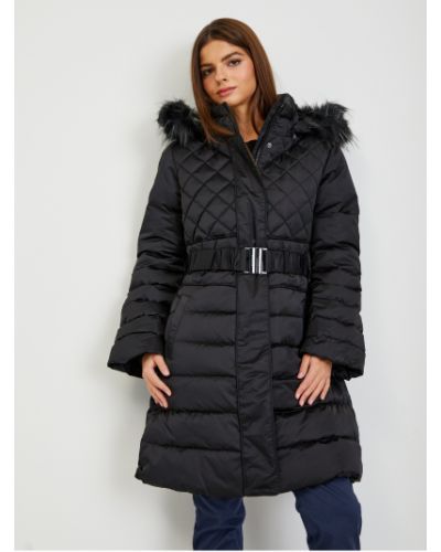 Πουπουλένιο παλτό χειμωνιάτικο με γούνα με κουκούλα Guess μαύρο