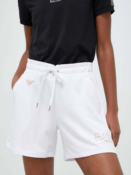 EA7 Emporio Armani pantaloni scurti femei, culoarea alb, neted, medium waist