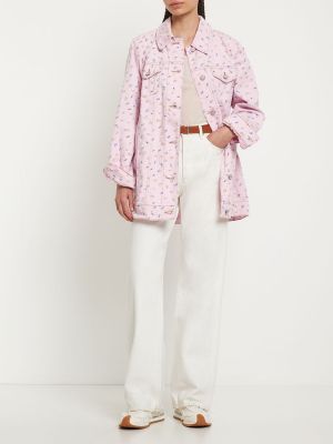 Oversized bavlněná džínová bunda s potiskem Ganni růžová