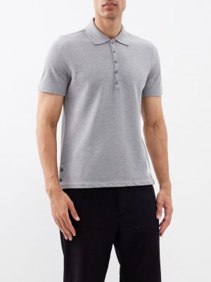 Рубашка-поло из хлопкового пике в трехцветную полоску Thom Browne серый