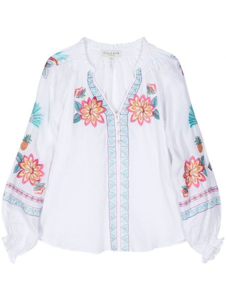 Bluză cu guler de in cu model floral cu imagine Hale Bob alb