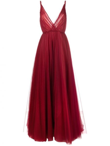 Плисирана вечерна рокля с v-образно деколте Costarellos червено