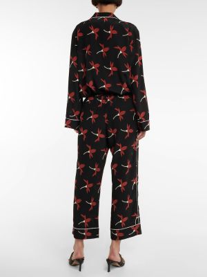 Pantaloni cu picior drept de mătase cu model floral Valentino negru